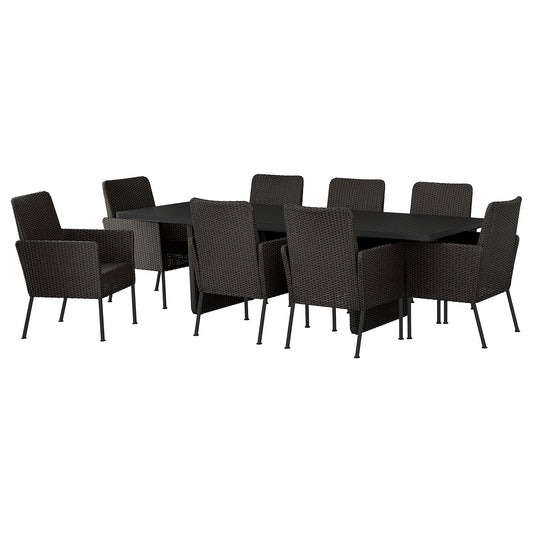 VITTSKÄR table and 8 chairs, outdoor plastic rattan dark grey, 264x96 cm