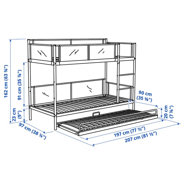 VITVAL bunk bed frame with underbed, white/light grey, 90x200 cm