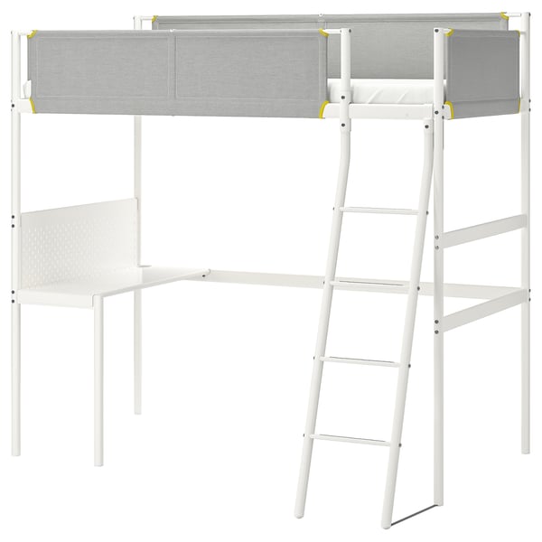 VITVAL loft bed frame with desk top, white/light grey, 90x200 cm