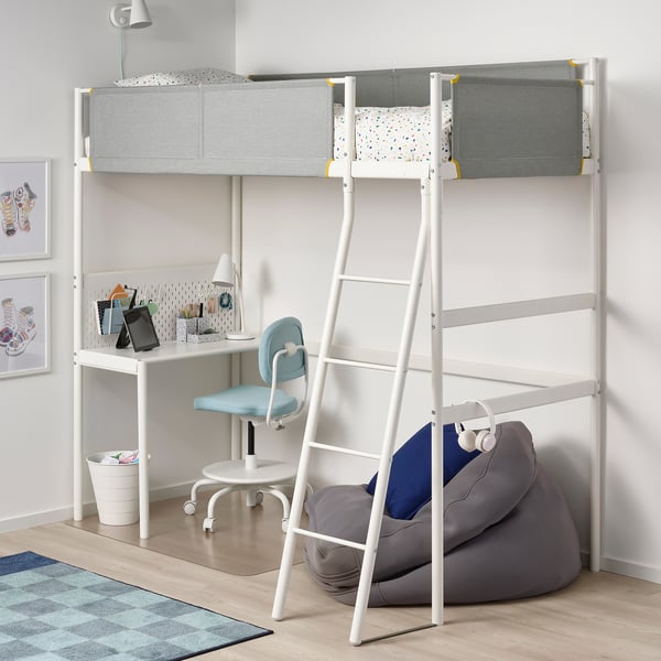 VITVAL - VITVAL Loft bed frame with desk top, white/light grey, 90x200 cm