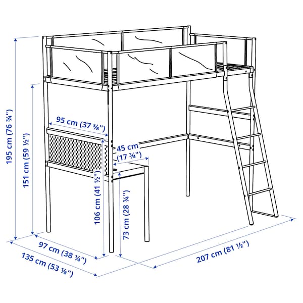 VITVAL - Loft bed frame with desk top, white/light grey, 90x200 cm