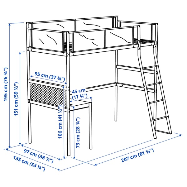 VITVAL - VITVAL Loft bed frame with desk top, white/light grey, 90x200 cm