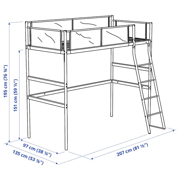 VITVAL - Loft bed frame, white/light grey, 90x200 cm