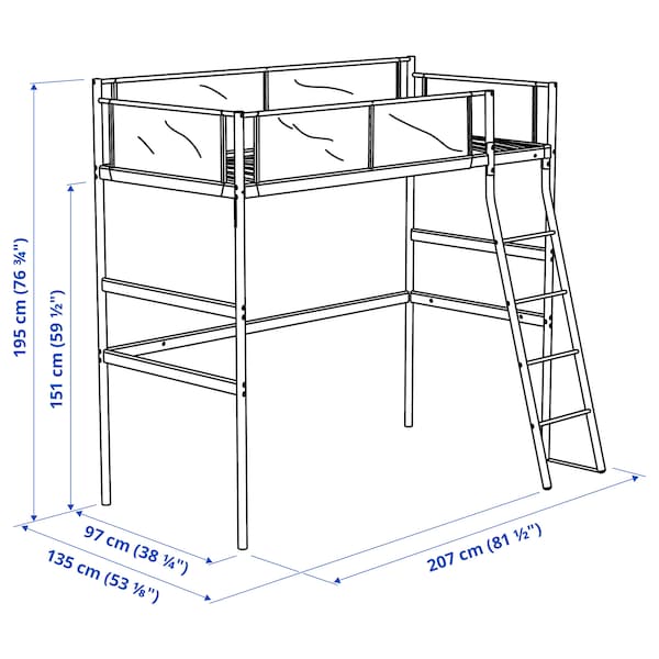 Ikea VITVAL - Loft bed frame, white/light grey, 90x200 cm