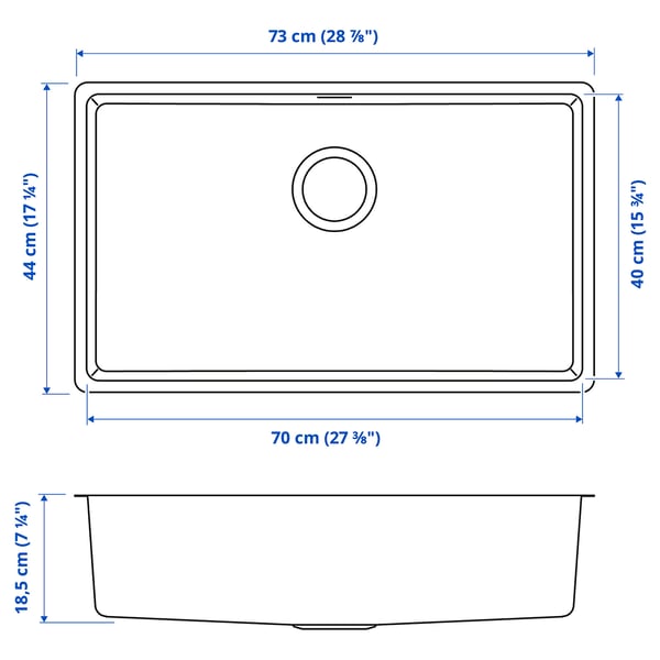 VRESJÖN inset sink, 1 bowl, stainless steel, 73x44 cm