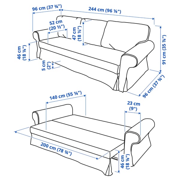VRETSTORP 3-seat sofa-bed, Kilanda dark blue, 244x91x96 cm