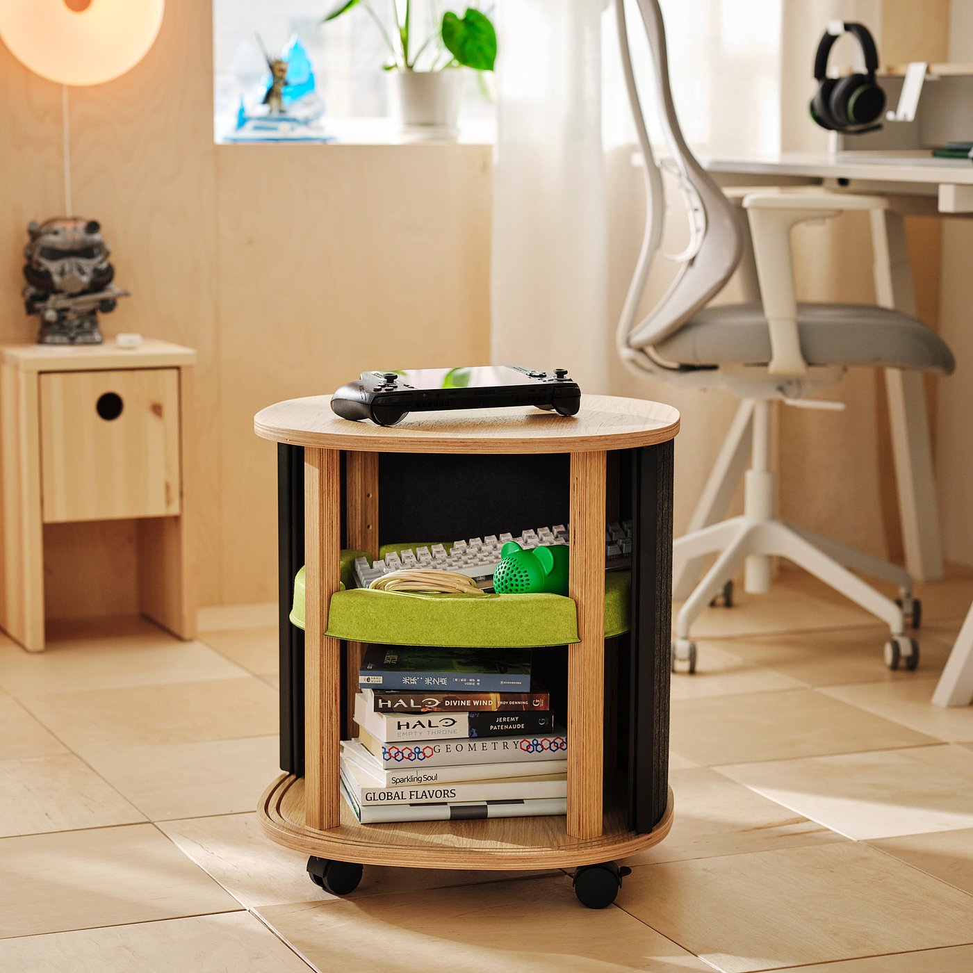 YXSTABY gaming side table on castors, oak veneer/grey, 50x55x50 cm