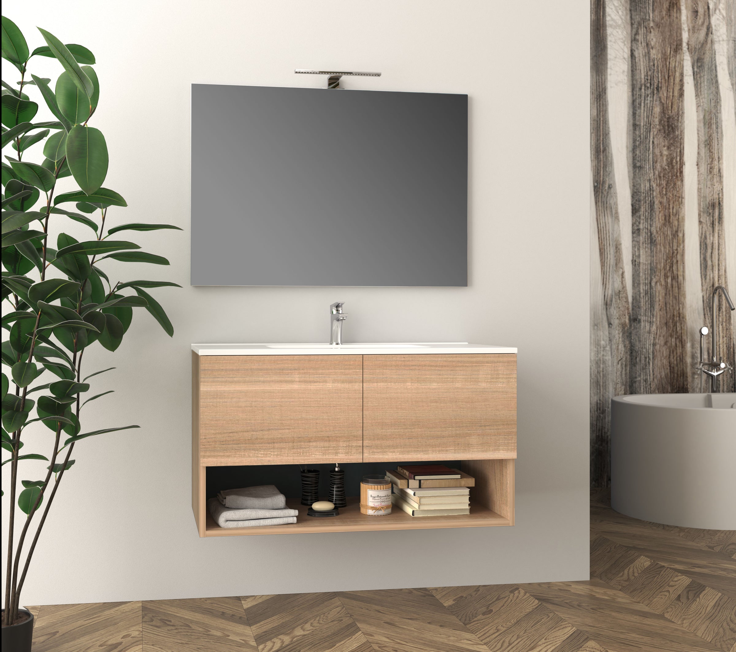 Zena bathroom furniture set, Bruges oak, 2 doors, with mirror and lamp