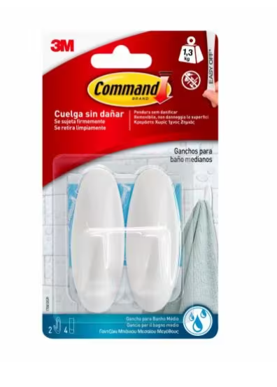 2 OVAL WHITE ADHESIVE HOOKS FOR BATHROOM COMMAND MEDIUM 1.3 KG