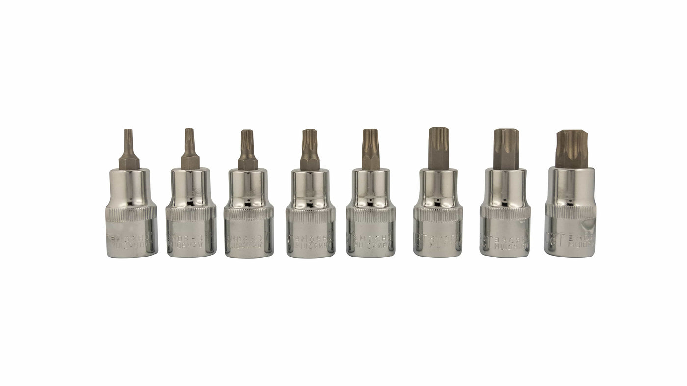 Bricocenter 8-PIECE SOCKET SET 1/2 INCH WITH TORX T20/T60 MALE INSERTS, CHROME VANADI