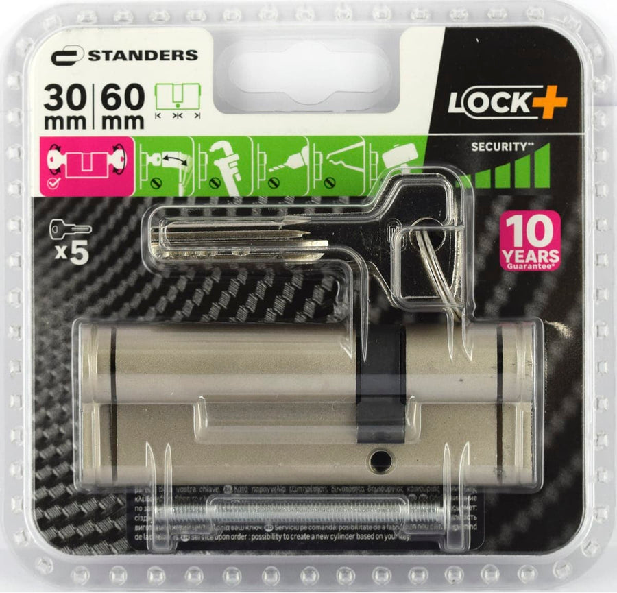 30+60 MM STANDERS BRASS CYLINDER, SATIN NICKEL FINISH, 5 LONG STEEL KEYS