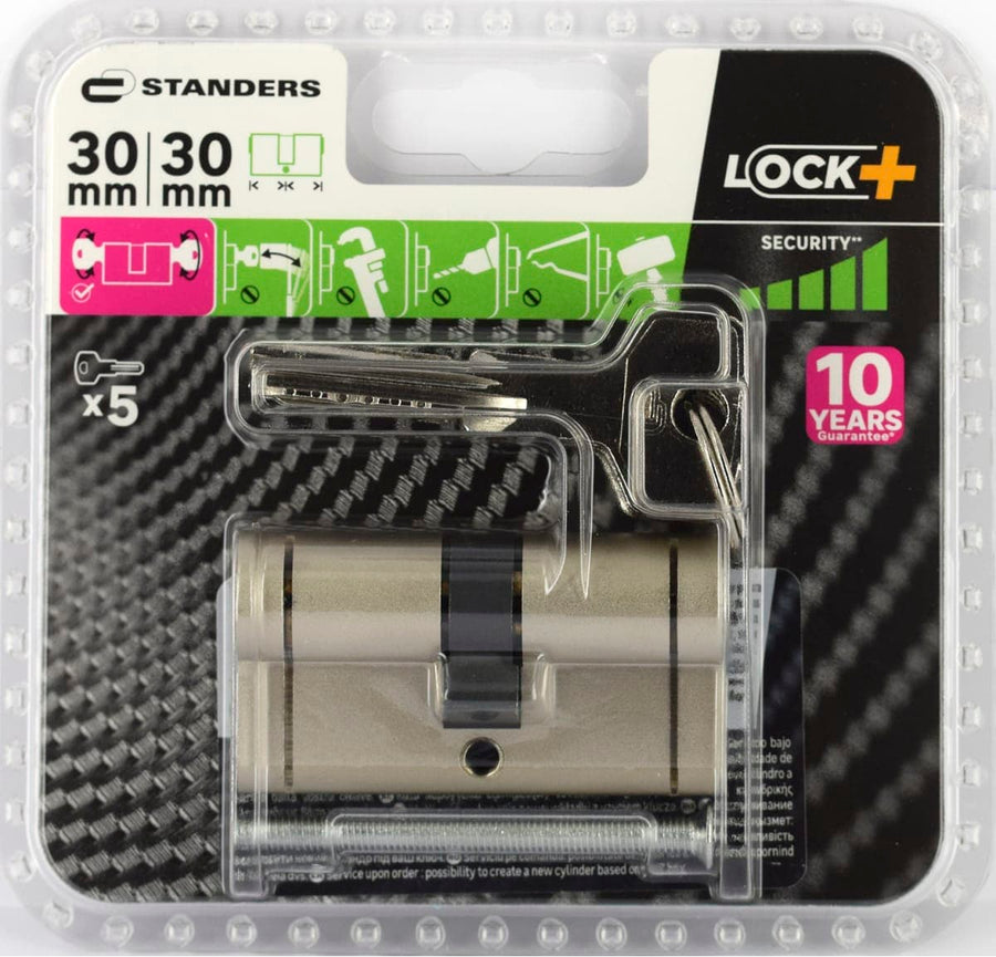 30+30 MM STANDERS BRASS CYLINDER, SATIN NICKEL FINISH, 5 LONG STEEL KEYS
