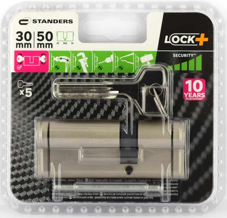 30+50 MM STANDERS BRASS CYLINDER, SATIN NICKEL FINISH, 5 LONG STEEL KEYS