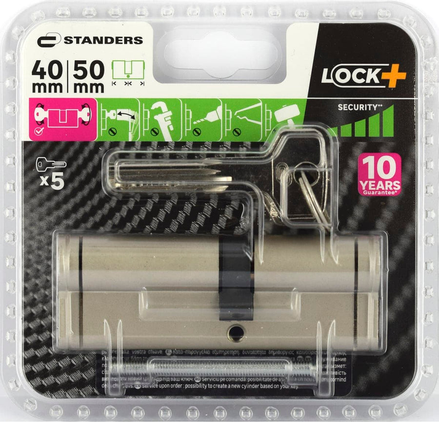 40+50 MM STANDERS BRASS CYLINDER, SATIN NICKEL FINISH, 5 LONG STEEL KEYS