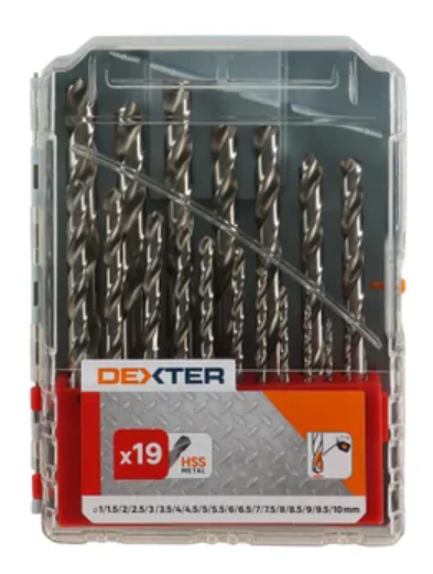 DEXTER METAL DRILL BIT SET 19 MIXED DIAMETERS, CYLINDRICAL SHANK