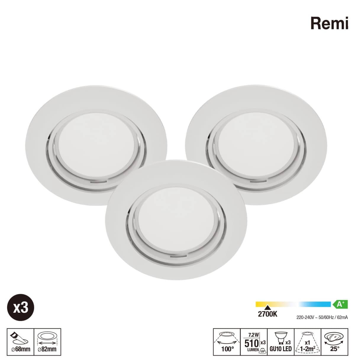 3 RECESSED SPOTLIGHTS REMI PLASTIC WHITE LED GU10=50W ADJUSTABLE - best price from Maltashopper.com BR420006437