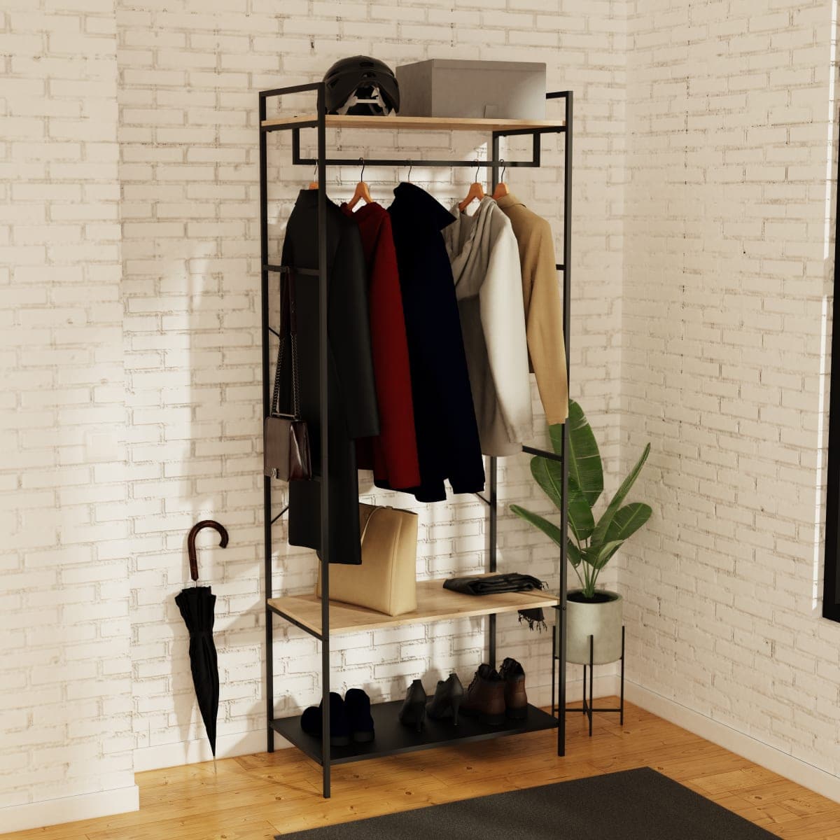 CLOTHING STAND W80xD45xH200 BLACK METAL/WOOD SPACEO