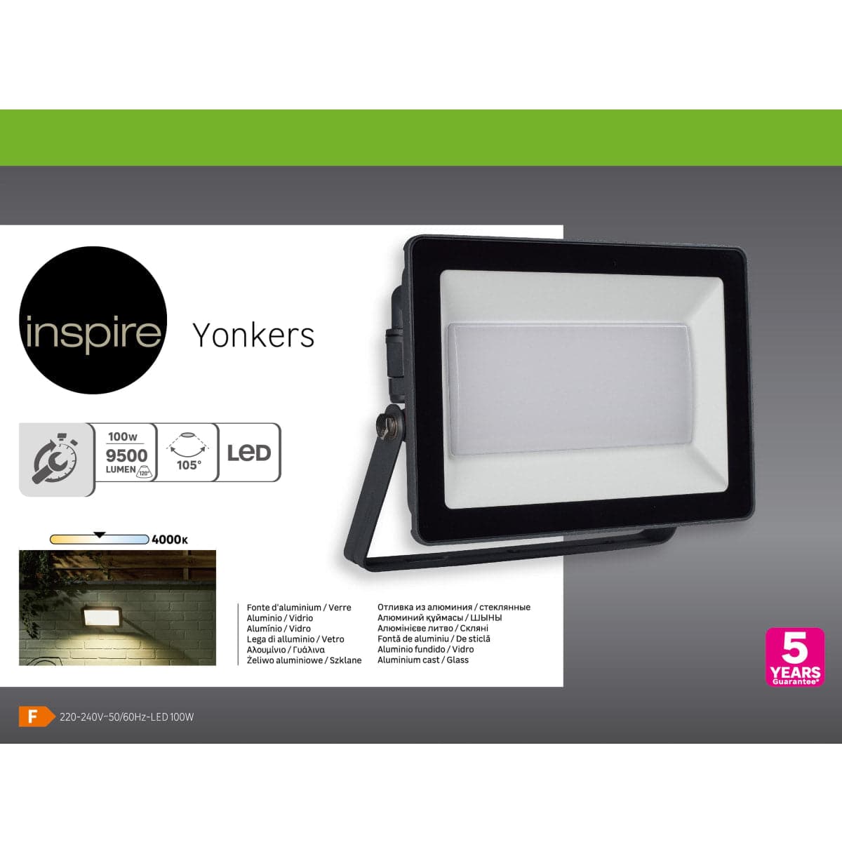 YONKERS ALUMINIUM PROJECTOR GREY LED 100W NATURAL LIGHT IP65