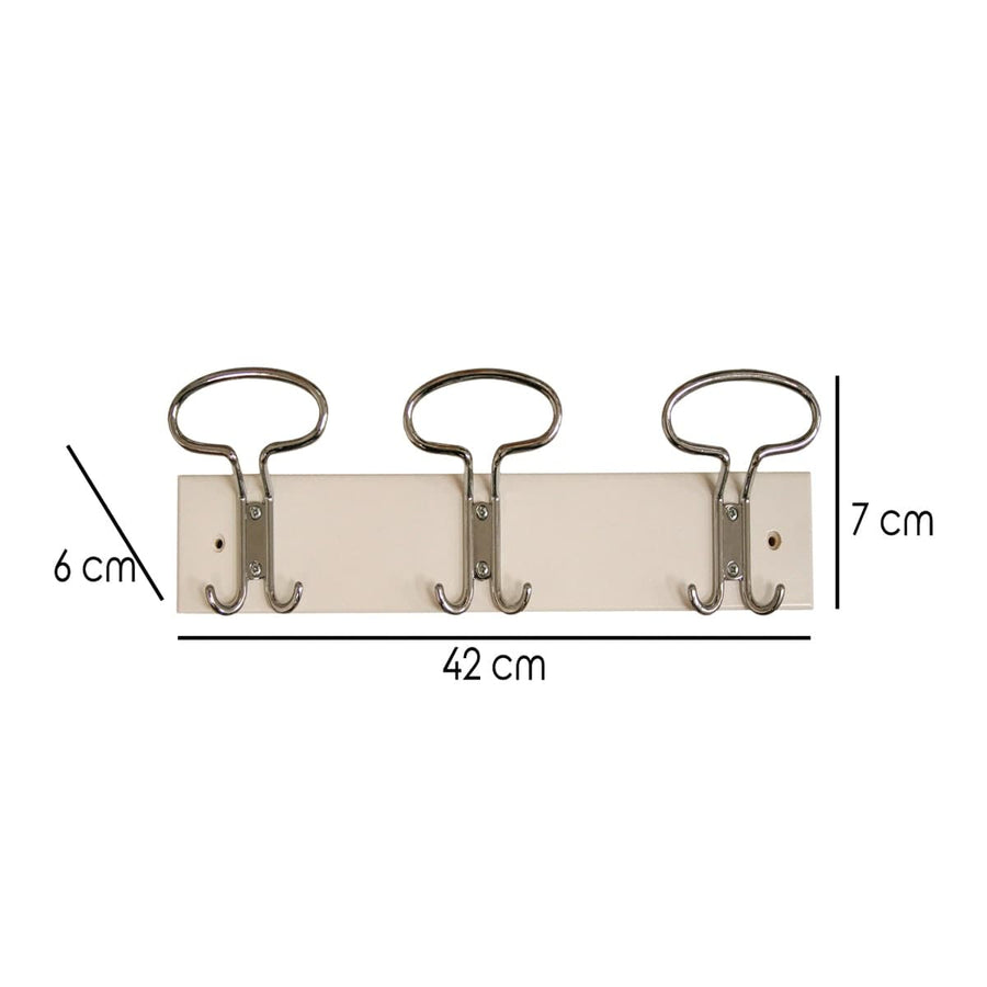 WHITE LACQUERED WOOD 3 CHROMED METAL HOOKS L42xH7 CM
