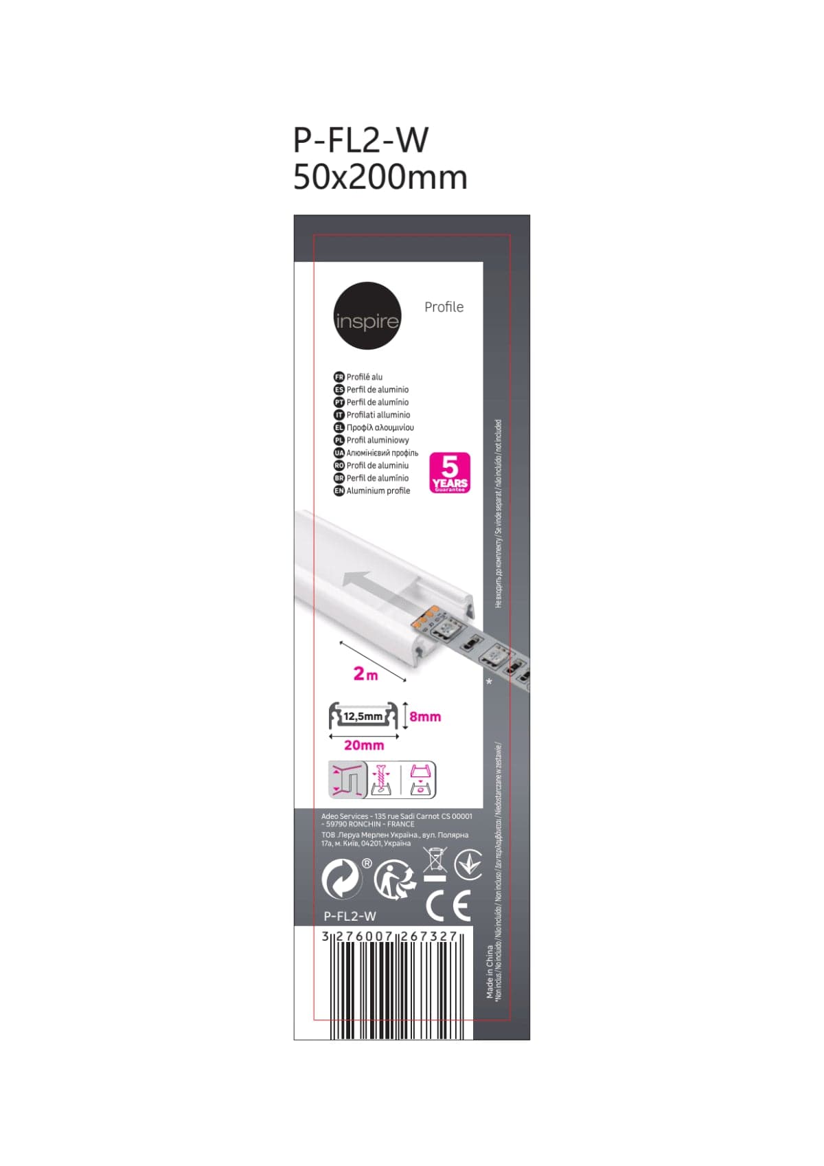 LED STRIP PROFILE 2MT ALUMINIUM WHITE