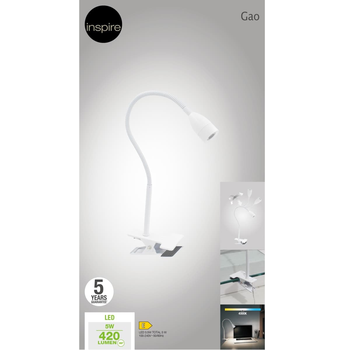 GAO STUDIO LAMP PLASTIC WHITE LED 390LM NATURAL LIGHT WITH CLAMP