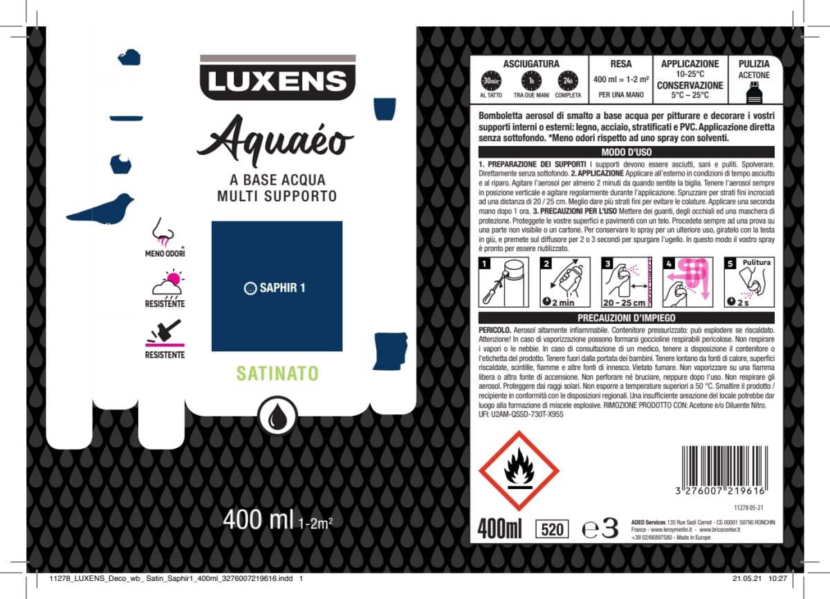 SPRAY BLUE 1 SATIN WATER 400 ML LUXENS