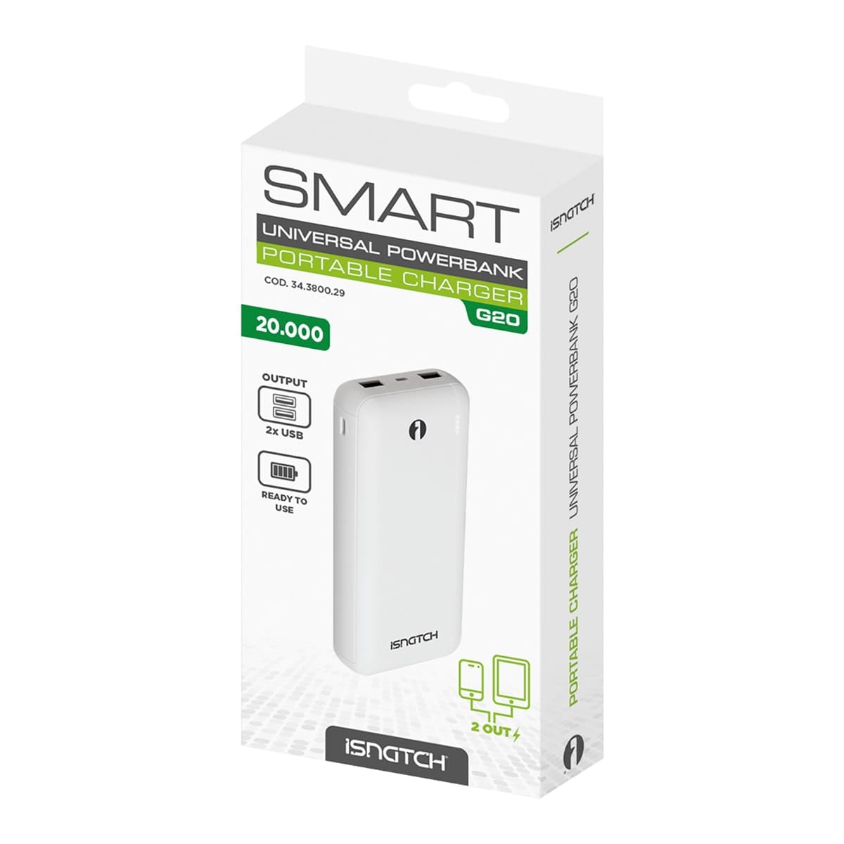 POWER BANK 20000MAH 2 USBA+1 TYPEC ABS WHITE ISNATCH - best price from Maltashopper.com BR420006740