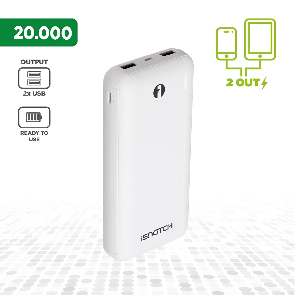 POWER BANK 20000MAH 2 USBA+1 TYPEC ABS WHITE ISNATCH - best price from Maltashopper.com BR420006740