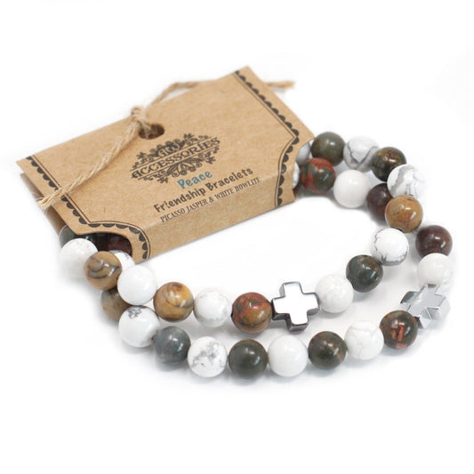 Bliss Set of 2 Gemstones Friendship Bracelets - Peace - Picasso Jasper & White Howlite
