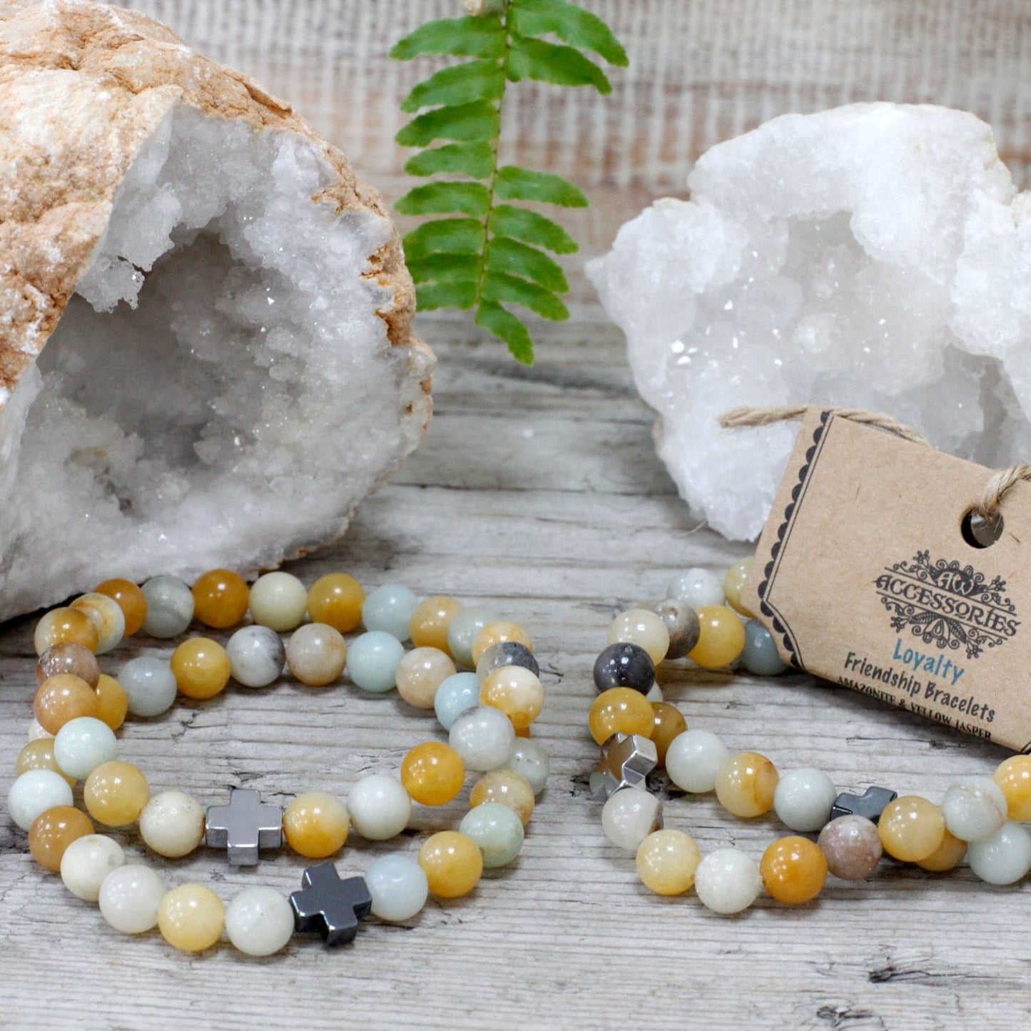 Bliss Set of 2 Gemstones Friendship Bracelets - Loyalty - Amazonite & Yellow Jasper