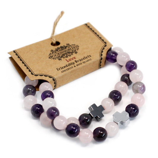 Bliss Set of 2 Gemstones Friendship Bracelets - Love - Amethyst & Rose Quartz