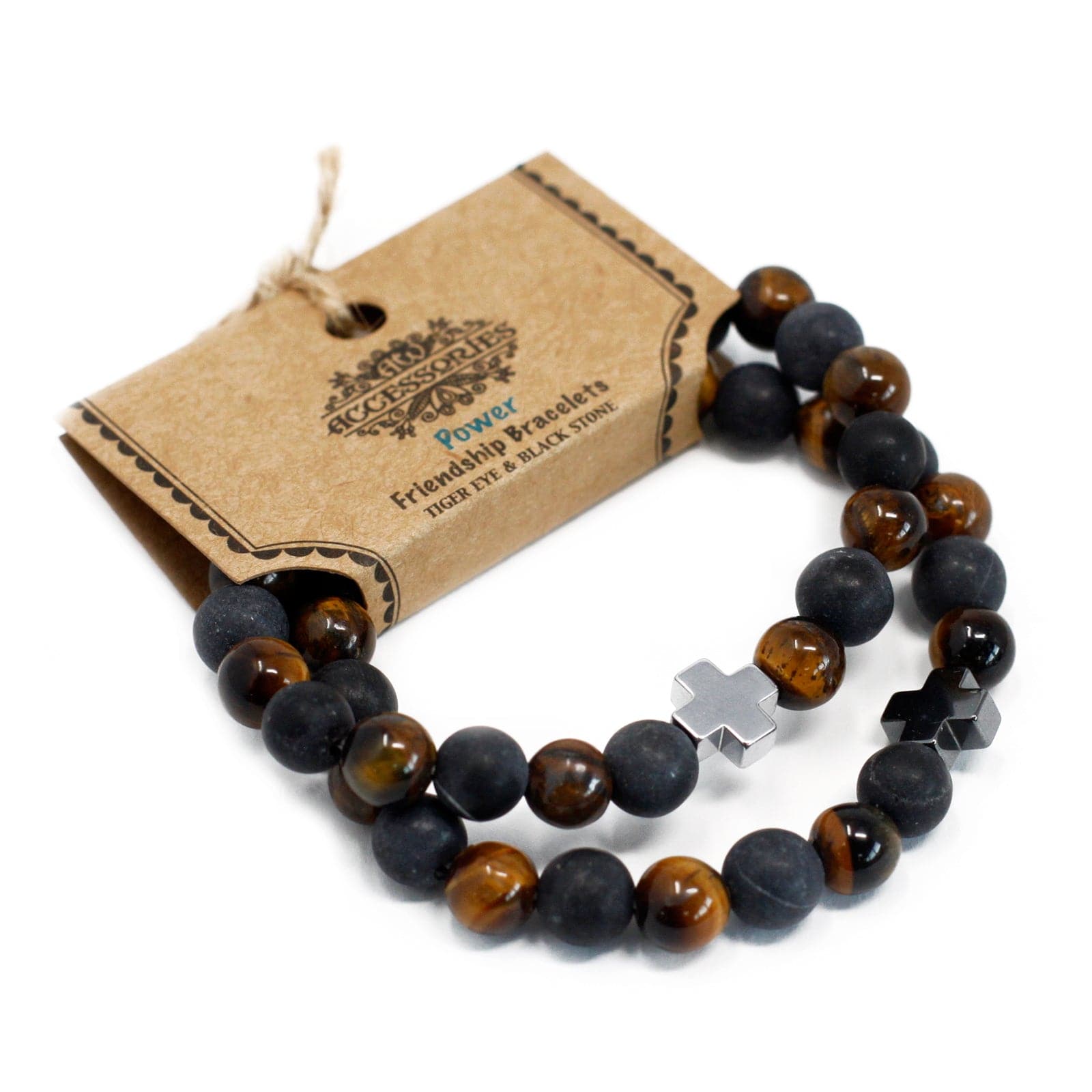 Bliss Set of 2 Gemstones Friendship Bracelets - Power - Tiger Eye & Black Stone