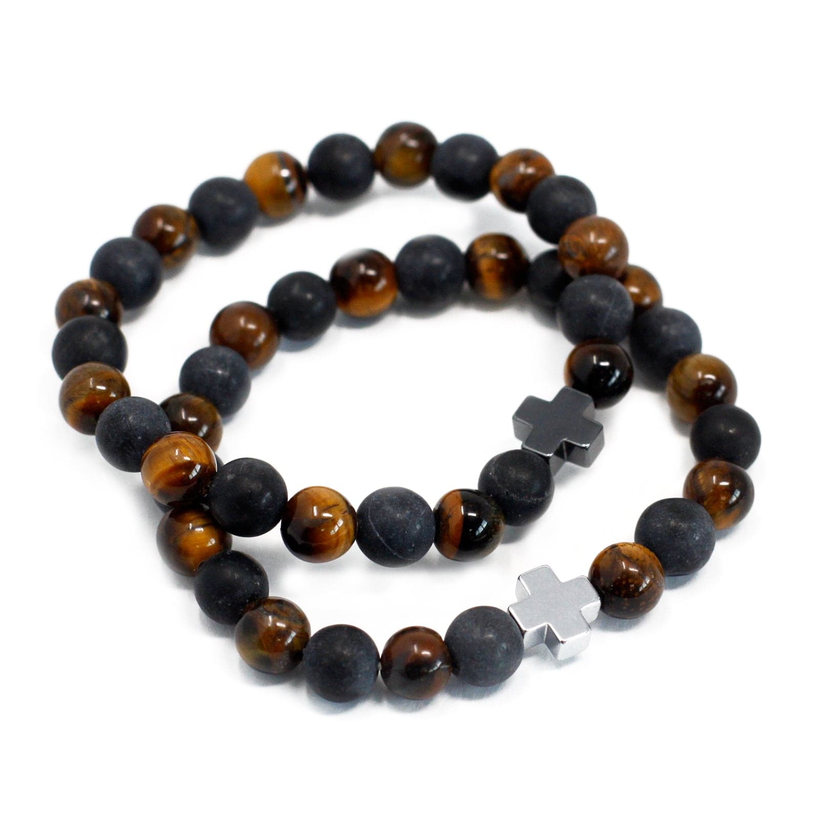 Bliss Set of 2 Gemstones Friendship Bracelets - Power - Tiger Eye & Black Stone