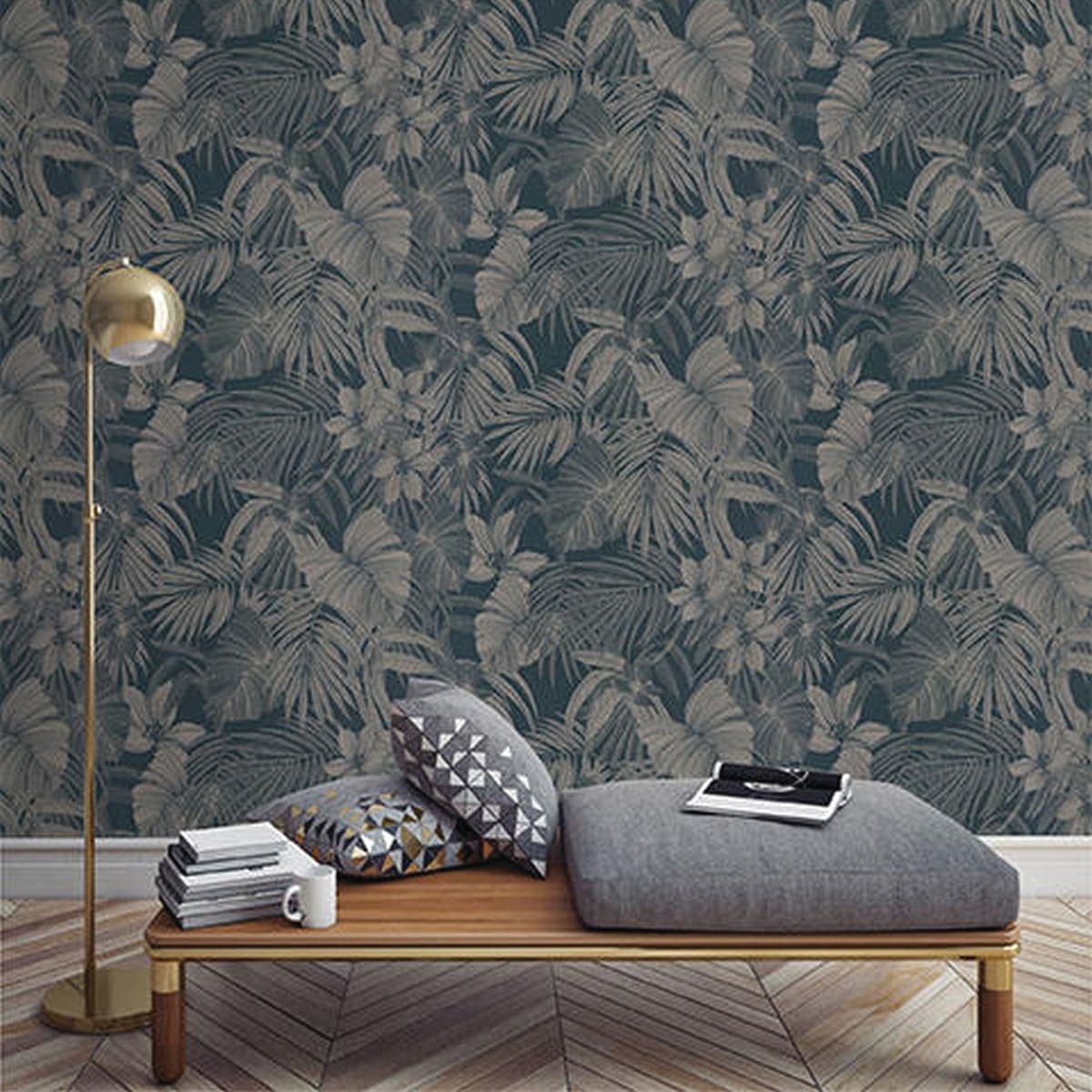 Bricocenter WALLPAPER FERN COPPER ON BLUE BACKGROUND 53CMX10.5M