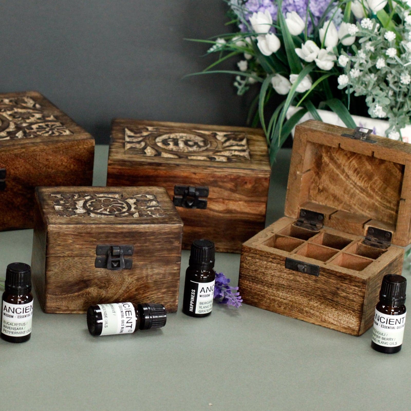 Aromatherapy Floral Carved Box (Holds 24 bottles)