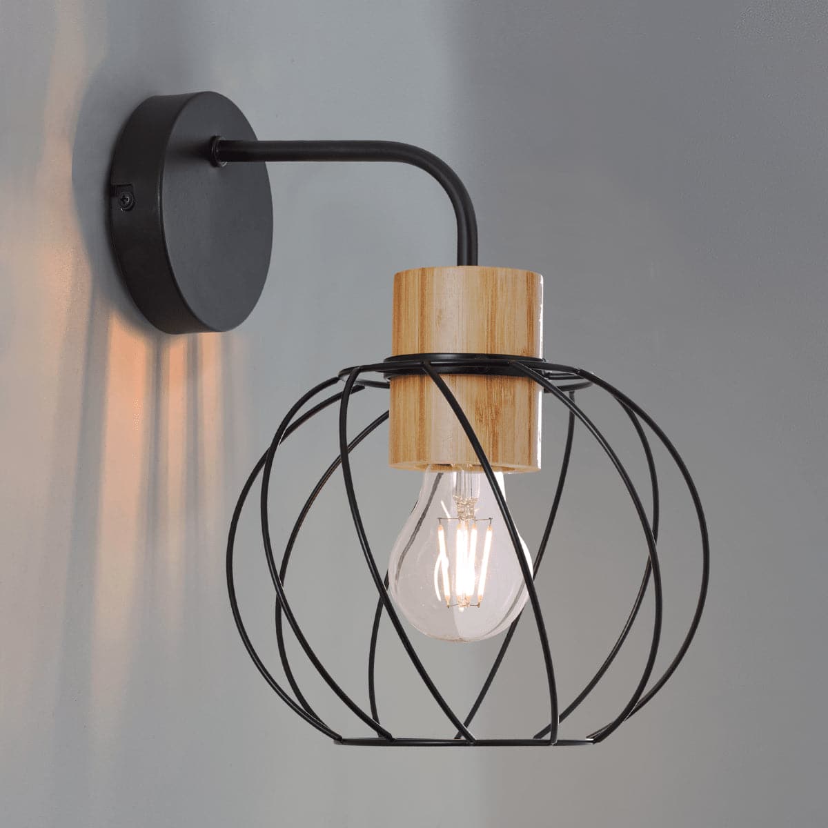 MALLOW WALL LIGHT WOOD AND METAL BLACK D20 CM E27=40W - best price from Maltashopper.com BR420008275