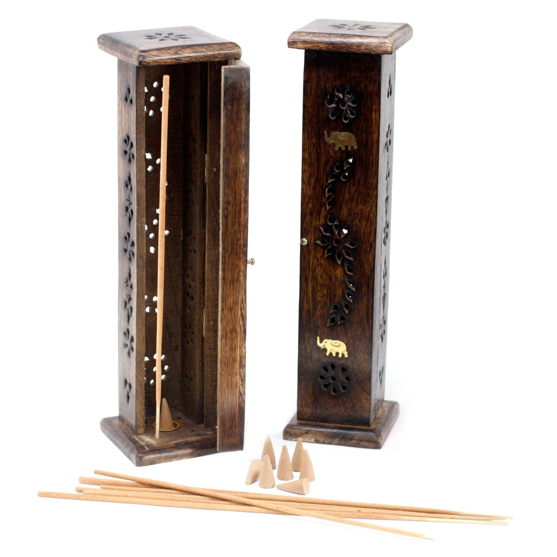 Square Incense Tower - Brass inlay - Mango Wood - best price from Maltashopper.com ISH-171M