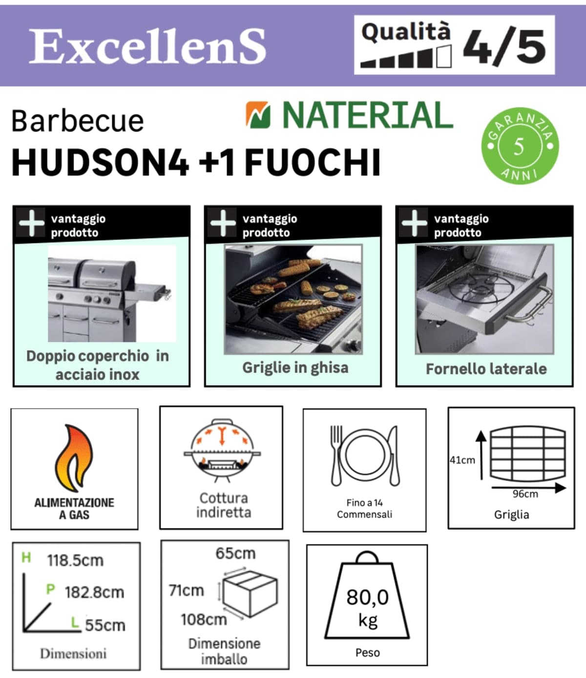 Encimera para barbacoa de gas NATERIAL Hudson 60x90x108.5 cm