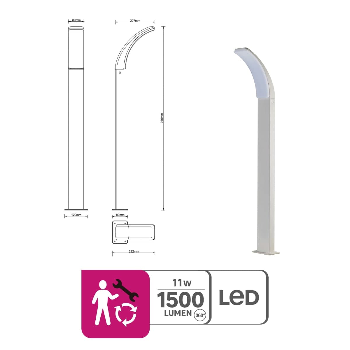 LAKKO ALUMINIUM LAMPPOST WHITE 96CM LED IP44 - best price from Maltashopper.com BR420007842