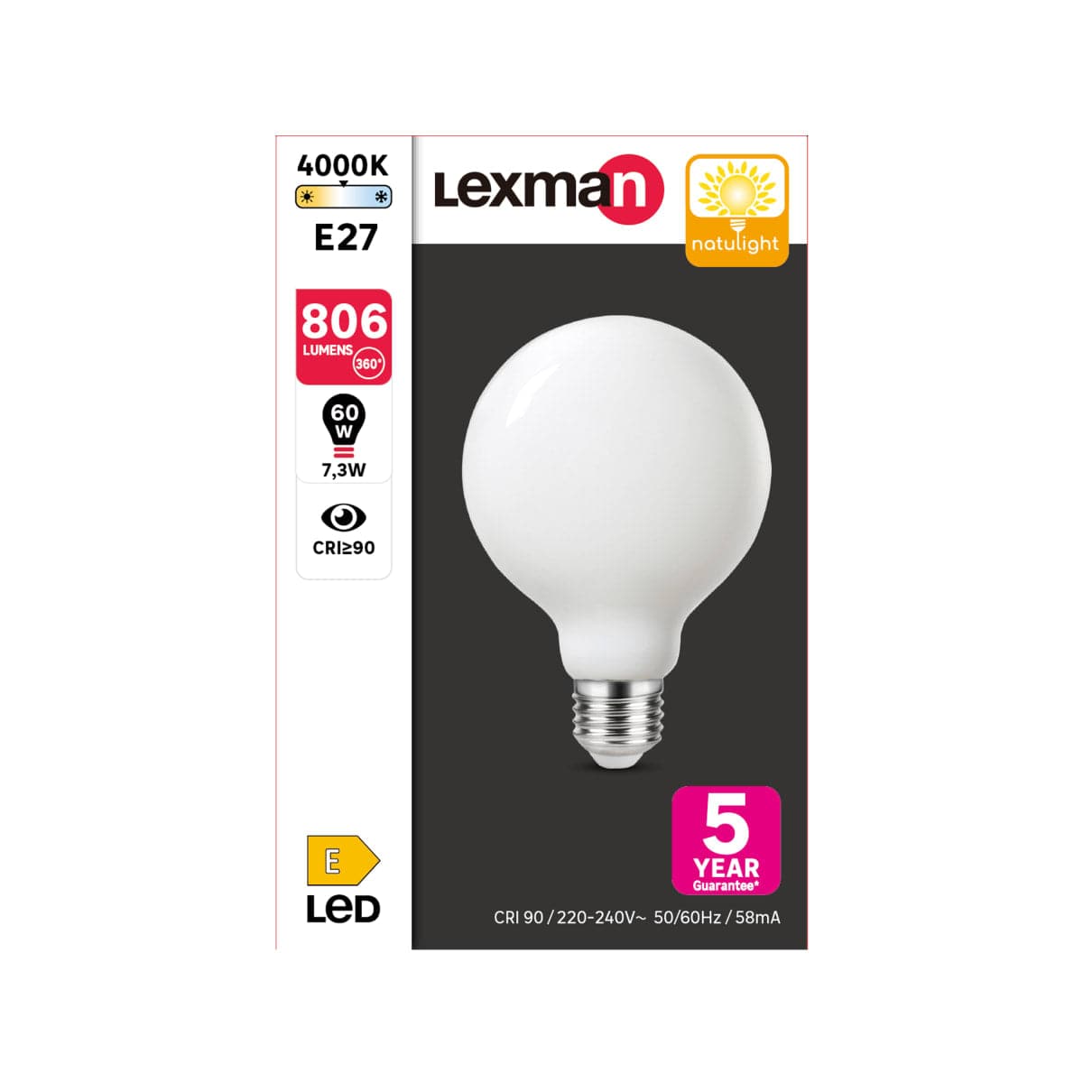 NATULIGHT LED BULB E27=60W GLOBE SMALL FROSTED NATURAL LIGHT - best price from Maltashopper.com BR420007066