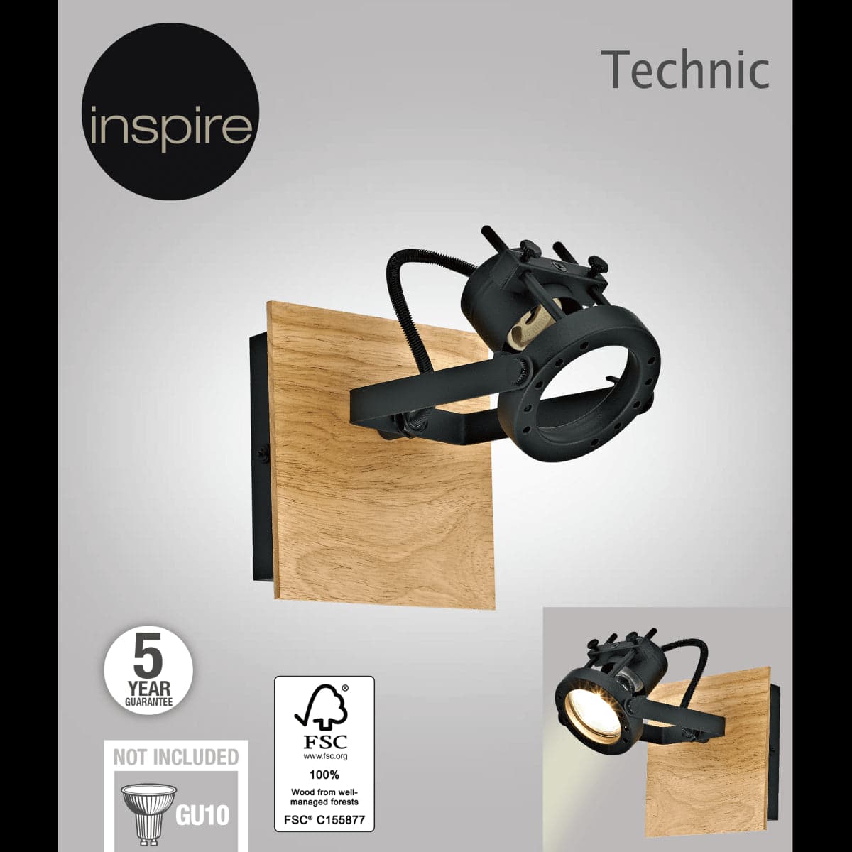 TECHNIC SPOTLIGHT METAL BLACK AND WOOD 12.5X14.5X12.5CM GU10=35W - best price from Maltashopper.com BR420007124