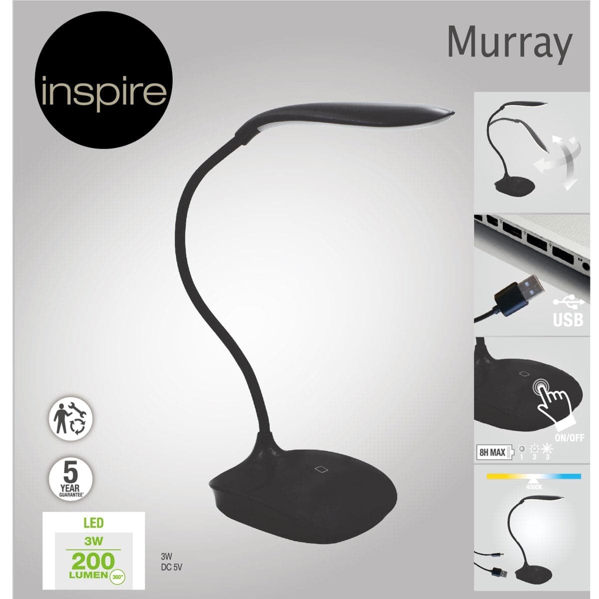 MURREY STUDIO LAMP PLASTIC BLACK H32 CM LED 3W TOUCH - best price from Maltashopper.com BR420007021