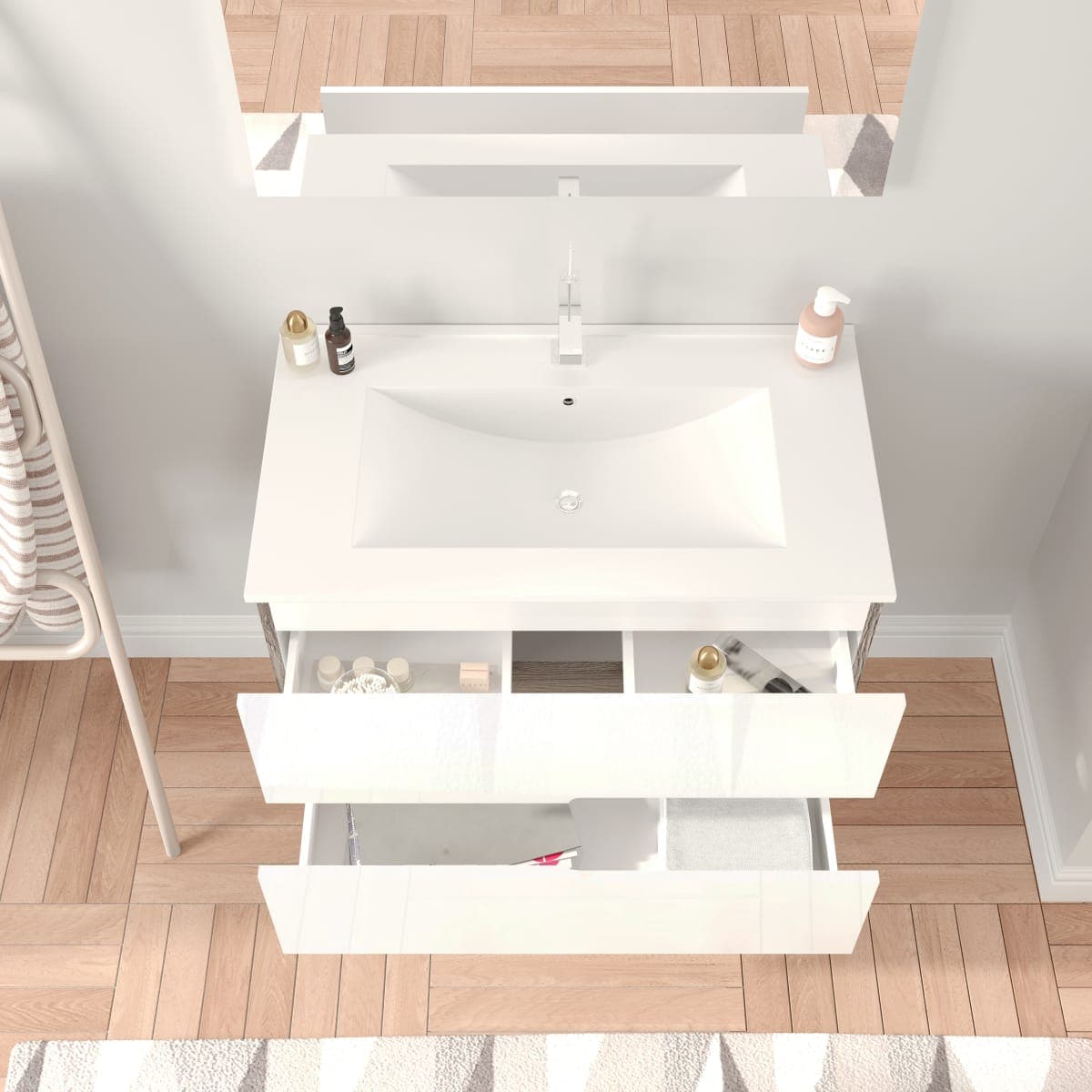 EVA 80 BATHROOM CABINET 2 DRAWERS WHITE OAK 81X46X59 WITH MIRROR AND LAMP