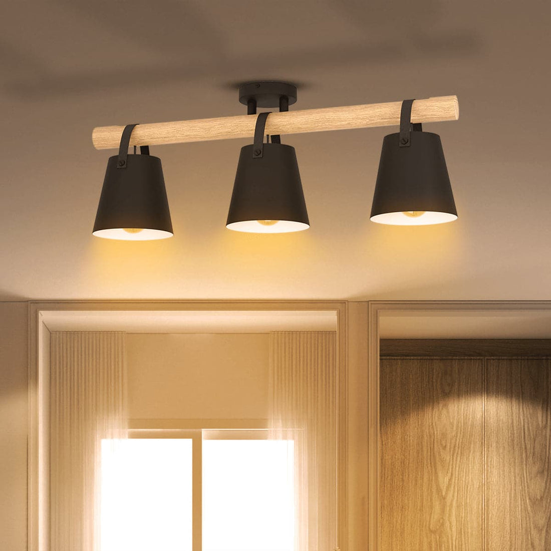 PANDORE CEILING LAMP WOOD AND METAL BLACK 75CM 3XE27 - best price from Maltashopper.com BR420007567