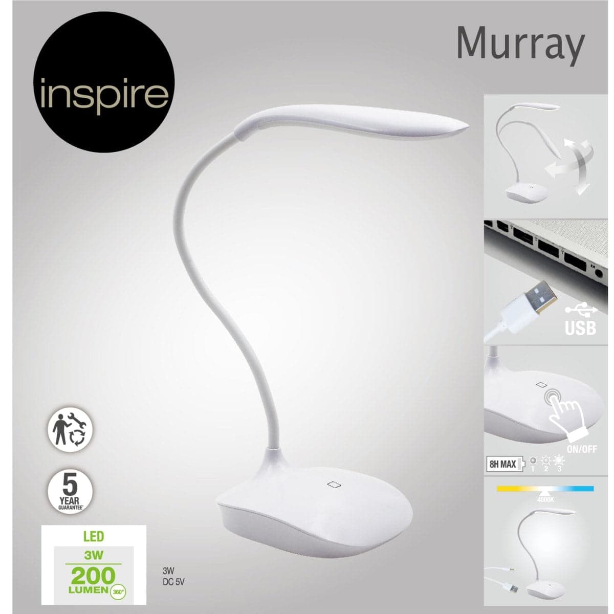 MURREY STUDIO LAMP PLASTIC WHITE H32 CM LED 3W TOUCH - best price from Maltashopper.com BR420007020