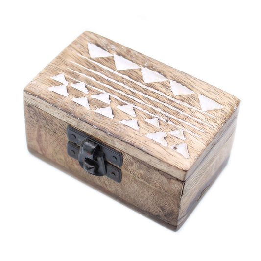 White Washed Wooden Box - 3x1.5 Pill Box Aztec Design - best price from Maltashopper.com WWIB-04