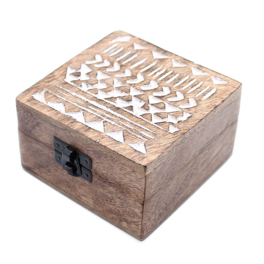 Bliss White Washed Wooden Box - 4x4 Aztec Design