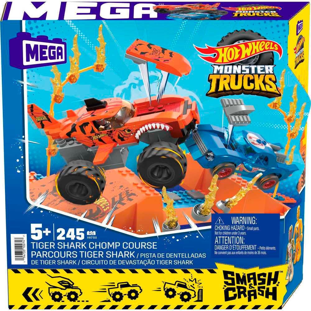 MEGA Hot Wheels Monster Trucks Building Toy Car, Smash & Crash Tiger Shark Chomp Course