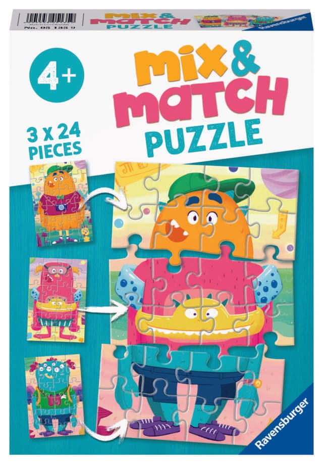 3 Puzzles Of 24 Pieces Mix & Match Funny Monsters