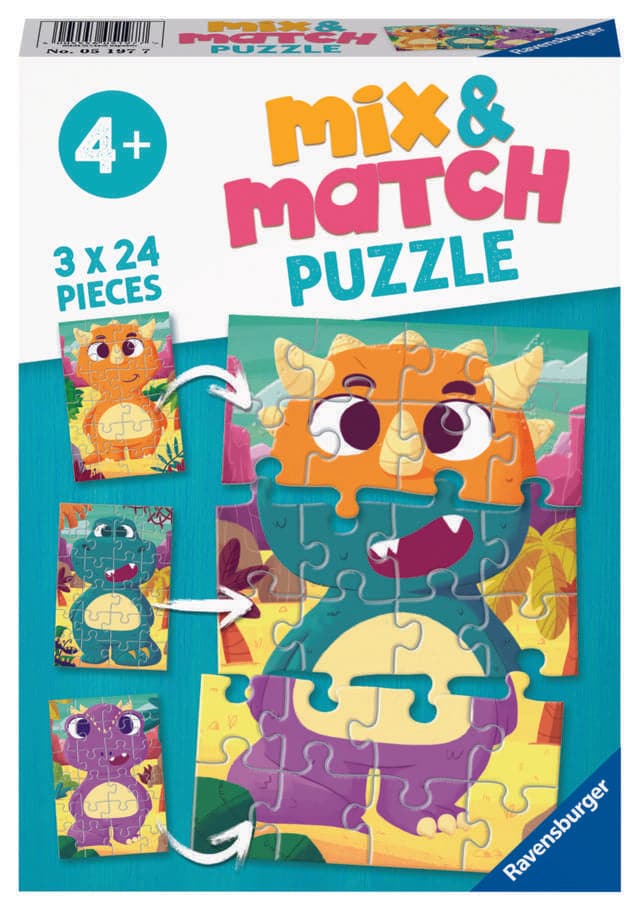 3 Puzzles Of 24 Pieces Mix & Match Dinosaurs To Mix